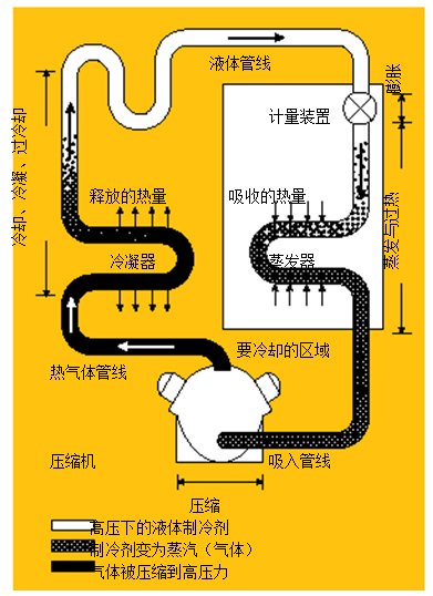 圖1.制冷系統(tǒng) 在典型的制冷系統(tǒng)中，壓縮機(jī)將熱氣體送到冷凝器，隨后，冷凝液通過蒸發(fā)器中的一個膨脹閥，進(jìn)行蒸發(fā)并獲取來自被冷卻區(qū)域的熱量。